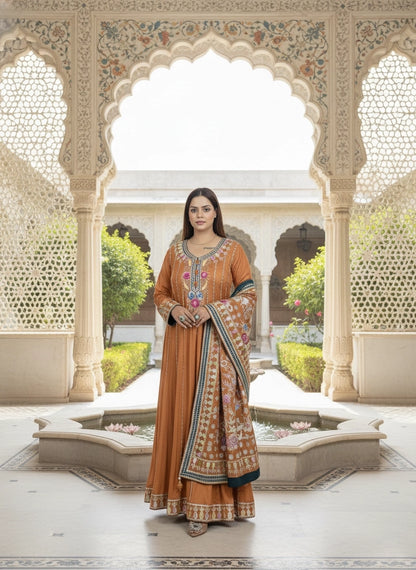Rust Chinon Anarkali with Phulkari Dupatta | Gota & Mirror Work Embroidery
