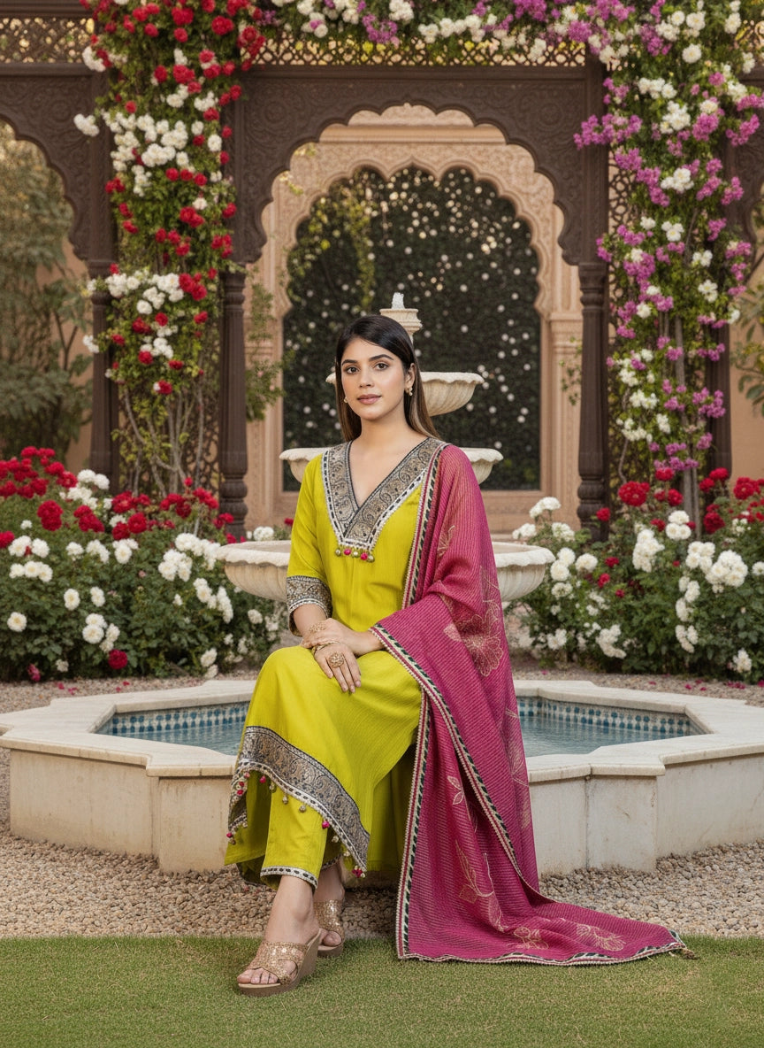 Woman in a yellow outfit with a pink dupatta sitting in a decorated garden.