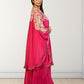 Hot Pink Off-Shoulder Cape with Sharara & Breastiser | Pearl, Lace, Cut Dana & Sequence Work | Indo Western | Sizes L–XXL - Bebo N Lolo