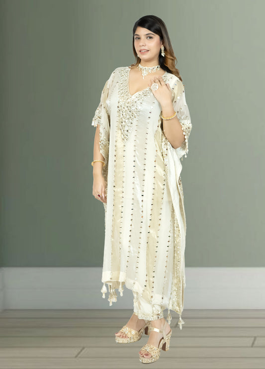 Off White Silk Kaftan with Pant | Gota & Mirror Work | Sizes M–XL - Bebo N Lolo