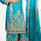 Turquoise embroidered traditional outfit with dupatta on a white background