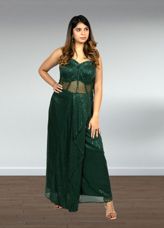Bottle Green Pure Gorget Indo-Western Gown with Cape | Sequence & Cut Dana Work | Sizes XS–4XL - Bebo N Lolo