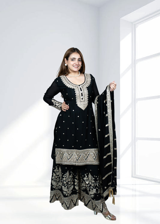 Black Chinnon Garara Suit with Heavy Dupatta | Sequence & Pearl Work | Sizes M–XL - Bebo N Lolo