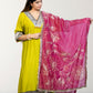 Woman wearing a yellow traditional outfit with a pink dupatta against a white background