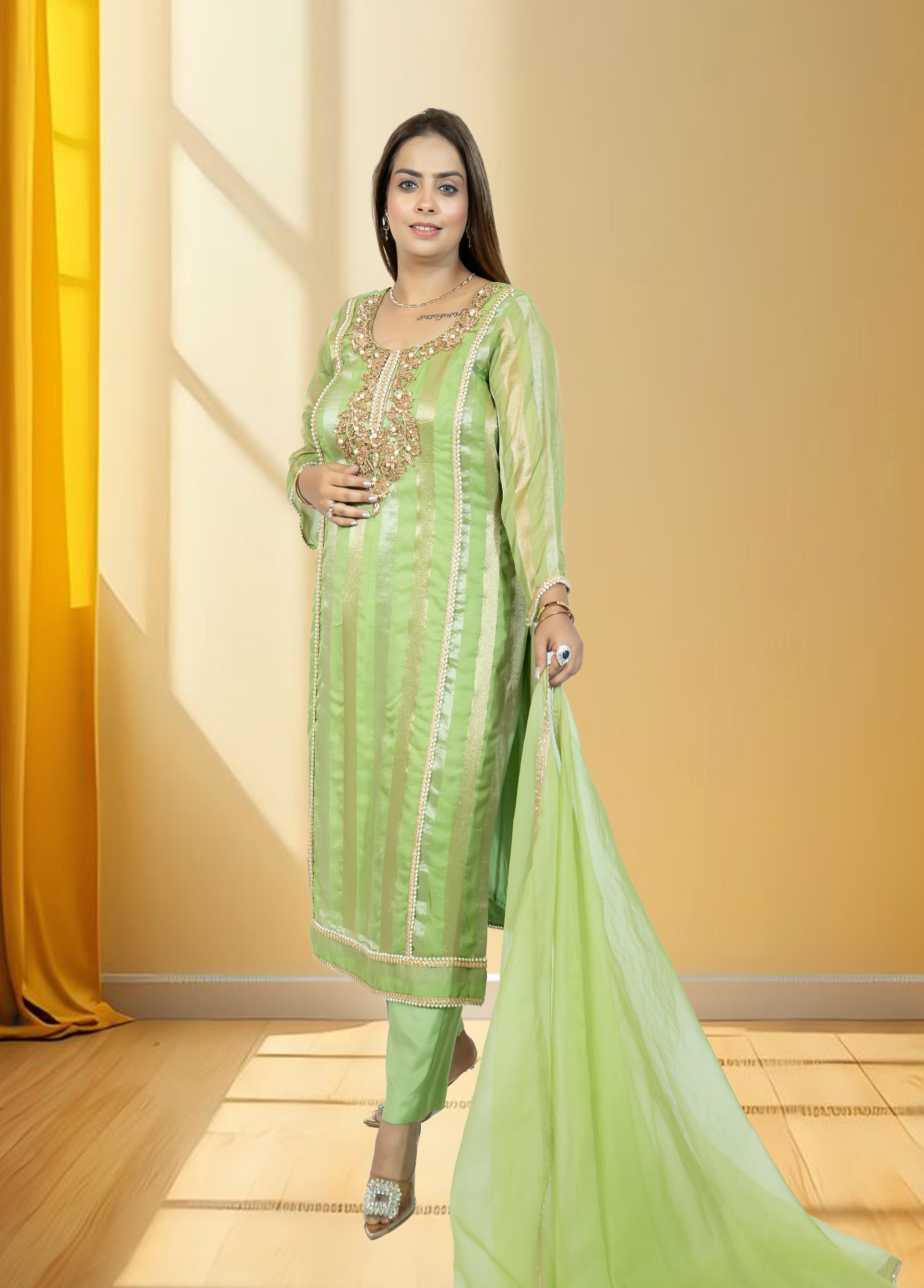 Silk Organza Suit with Santoon Pant & Dupatta | Dabka, Pearl & Lace Work | Green, Lavender & Sky Blue | Sizes M–XL - Bebo N Lolo