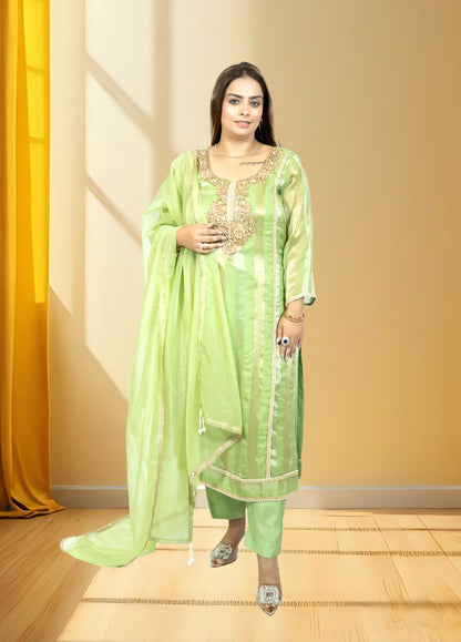 Silk Organza Suit with Santoon Pant & Dupatta | Dabka, Pearl & Lace Work | Green, Lavender & Sky Blue | Sizes M–XL - Bebo N Lolo