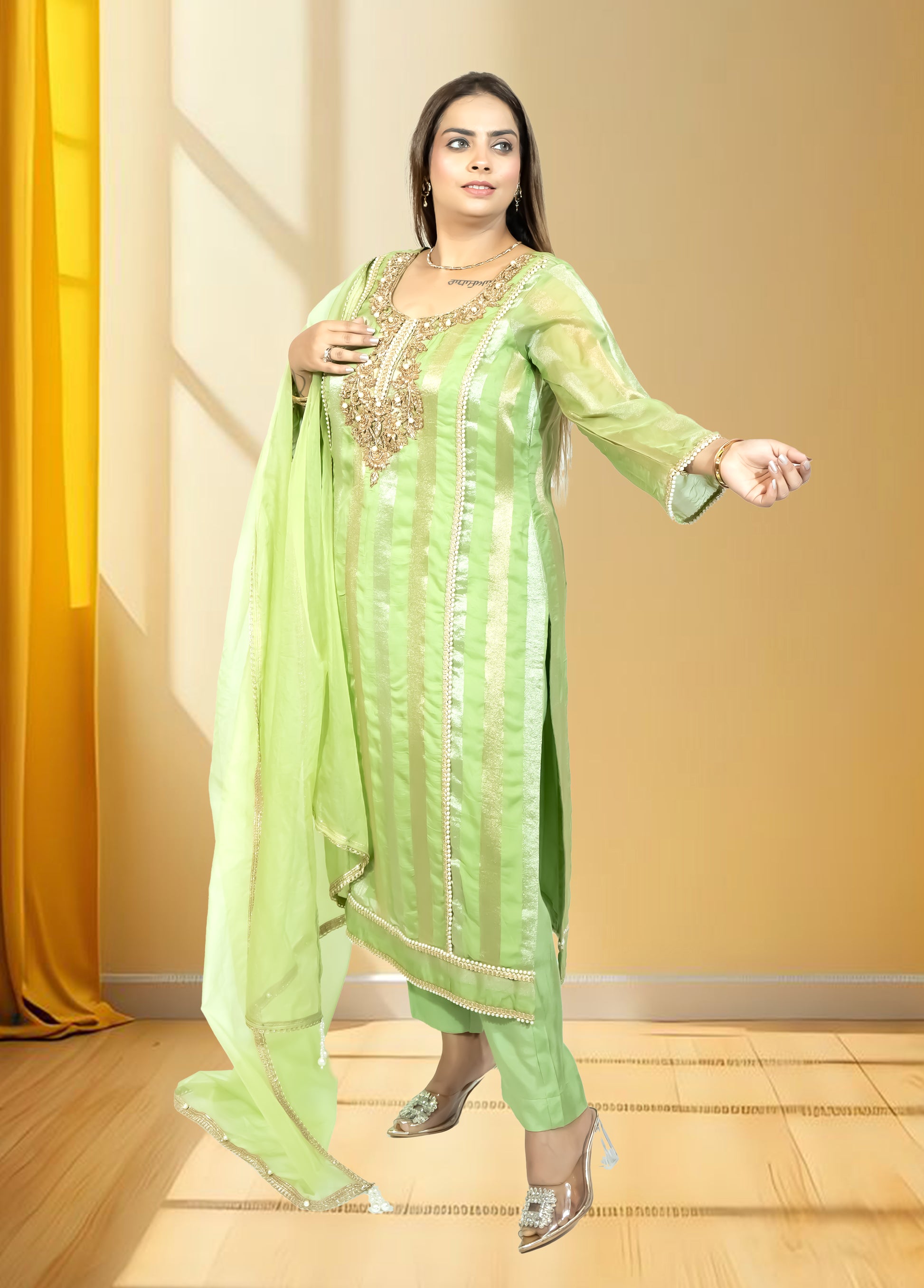 Silk Organza Suit with Santoon Pant & Dupatta | Dabka, Pearl & Lace Work | Green, Lavender & Sky Blue | Sizes M–XL - Bebo N Lolo