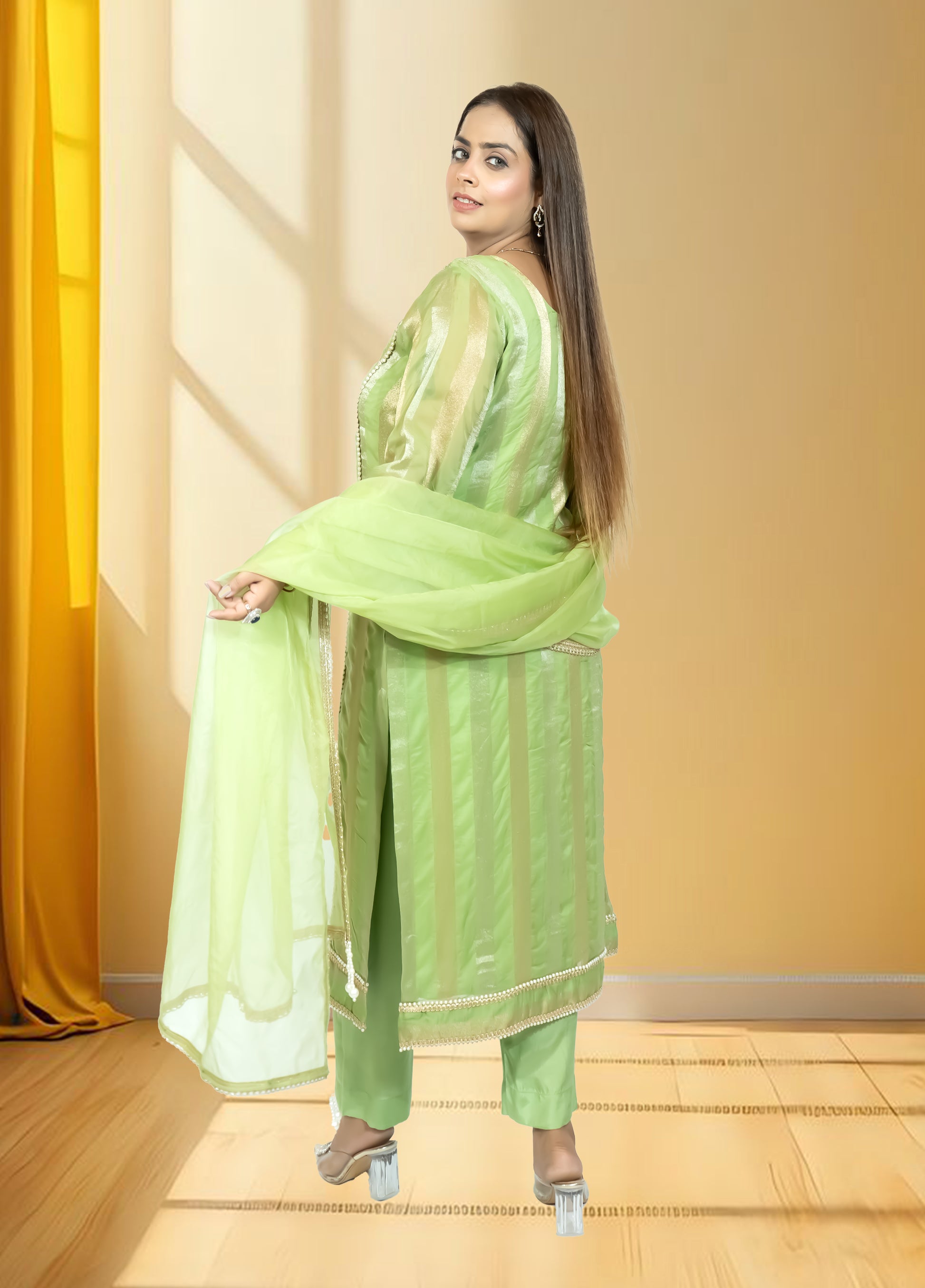 Silk Organza Suit with Santoon Pant & Dupatta | Dabka, Pearl & Lace Work | Green, Lavender & Sky Blue | Sizes M–XL - Bebo N Lolo
