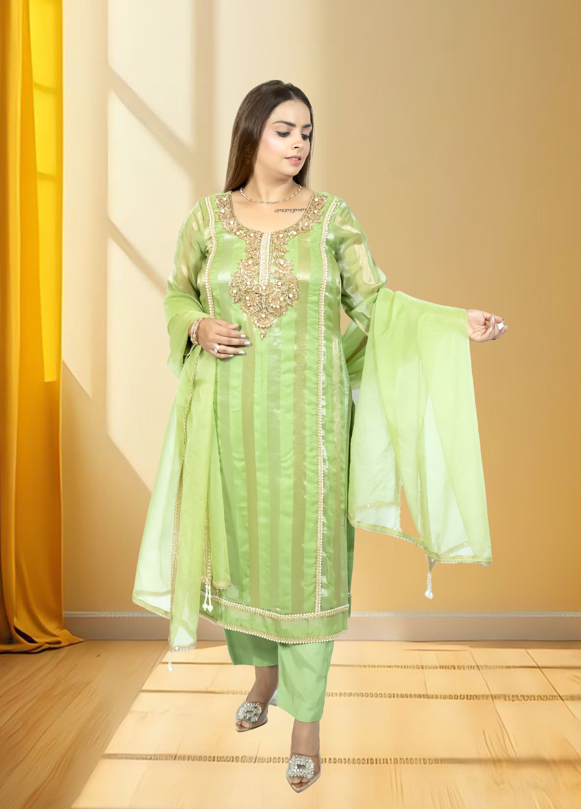 Silk Organza Suit with Santoon Pant & Dupatta | Dabka, Pearl & Lace Work | Green, Lavender & Sky Blue | Sizes M–XL - Bebo N Lolo