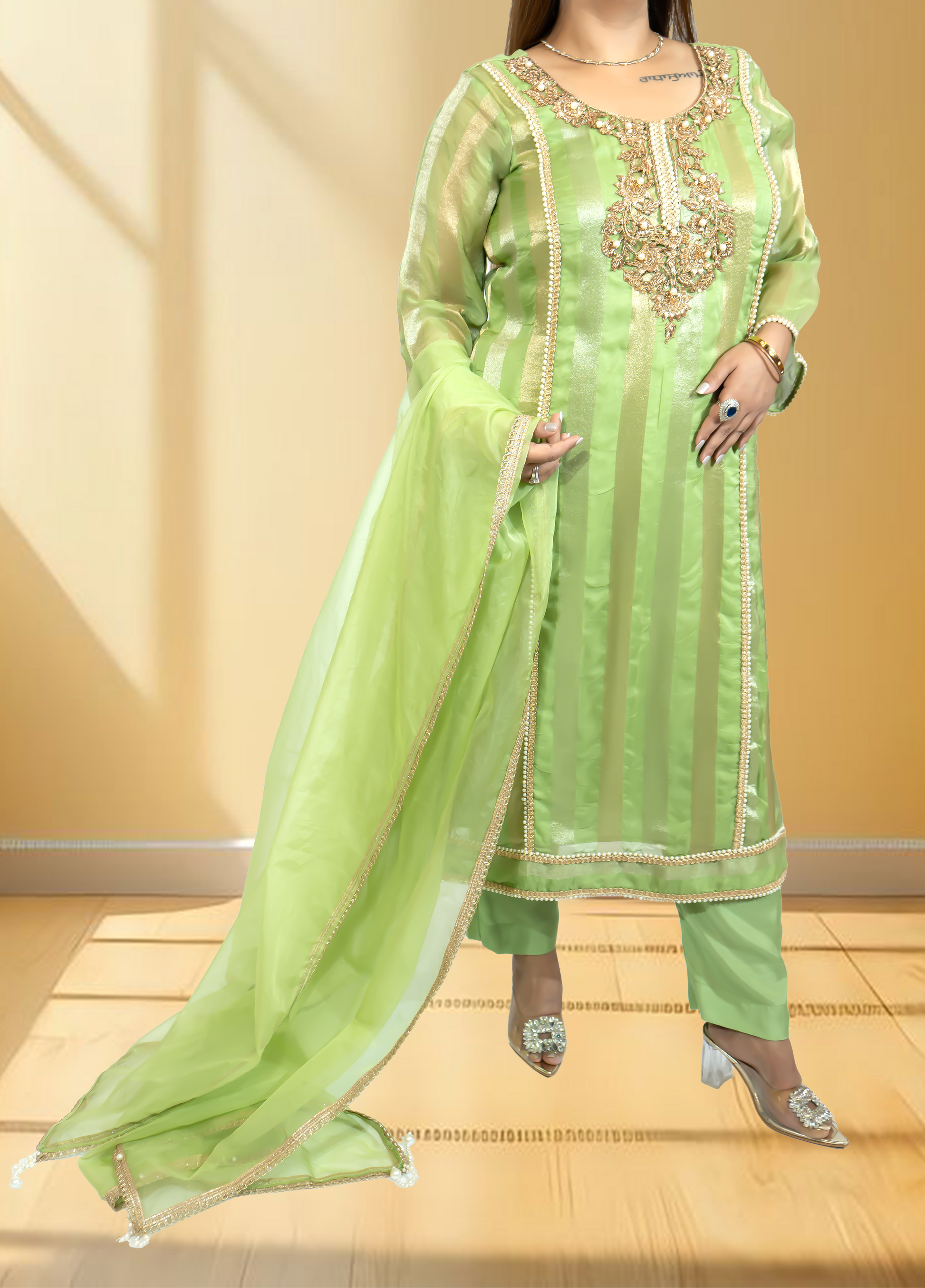 Silk Organza Suit with Santoon Pant & Dupatta | Dabka, Pearl & Lace Work | Green, Lavender & Sky Blue | Sizes M–XL - Bebo N Lolo