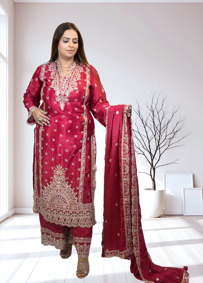 Magenta Chinon Silk Long Shirt with Plazo & Heavy Dupatta - Bebo N Lolo