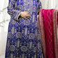 Blue embroidered traditional outfit with a pink dupatta on a white background
