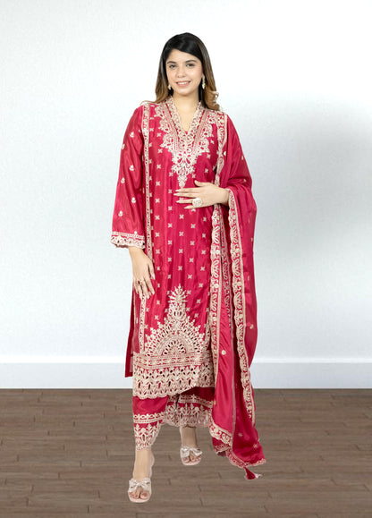 Hot Pink Chinon Suit with Palazzo & Dupatta | Mirror & Sequence Embroidery | Sizes M–XL - Bebo N Lolo