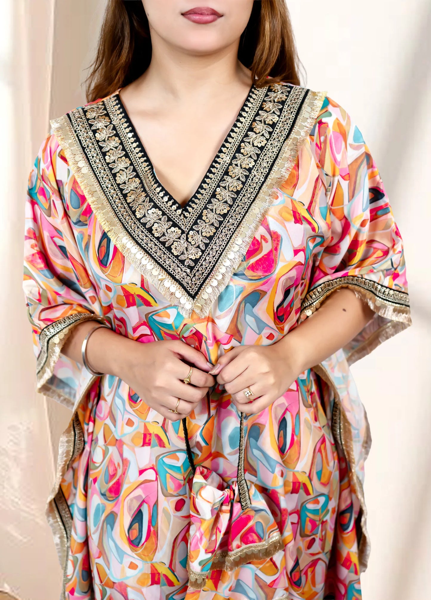 Orange Printed Crepe Kaftan Set | V-Neck Lace Work Kaftan with Tulip Pant | Festive & Party Wear