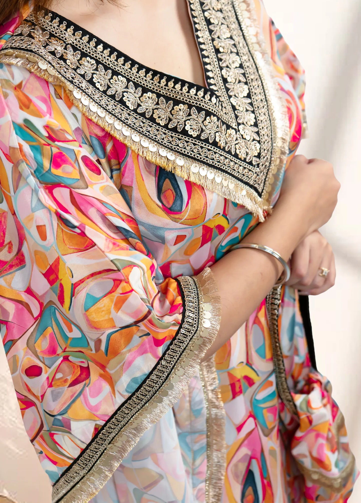 Orange Printed Crepe Kaftan Set | V-Neck Lace Work Kaftan with Tulip Pant | Festive & Party Wear