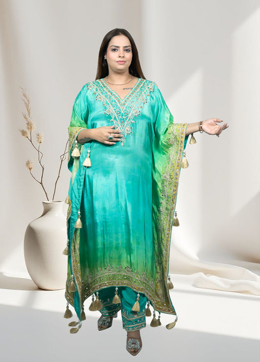 Green Crape Kaftan with Pants | Mirror, Gotta & Patti Work | Sizes M–XL - Bebo N Lolo
