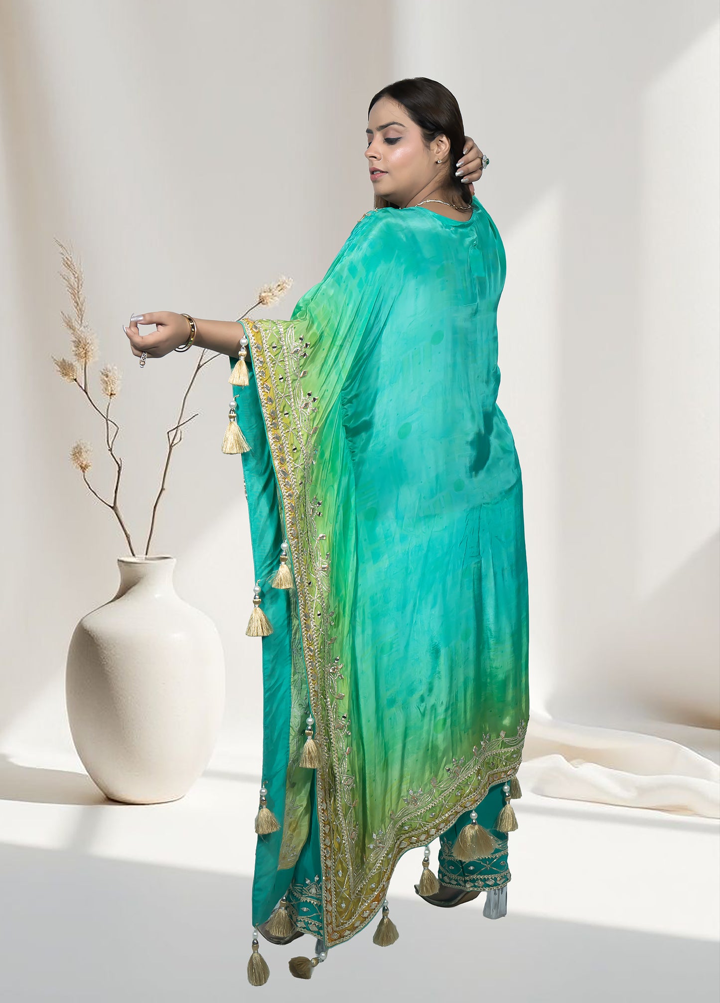 Green Crape Kaftan with Pants | Mirror, Gotta & Patti Work | Sizes M–XL - Bebo N Lolo