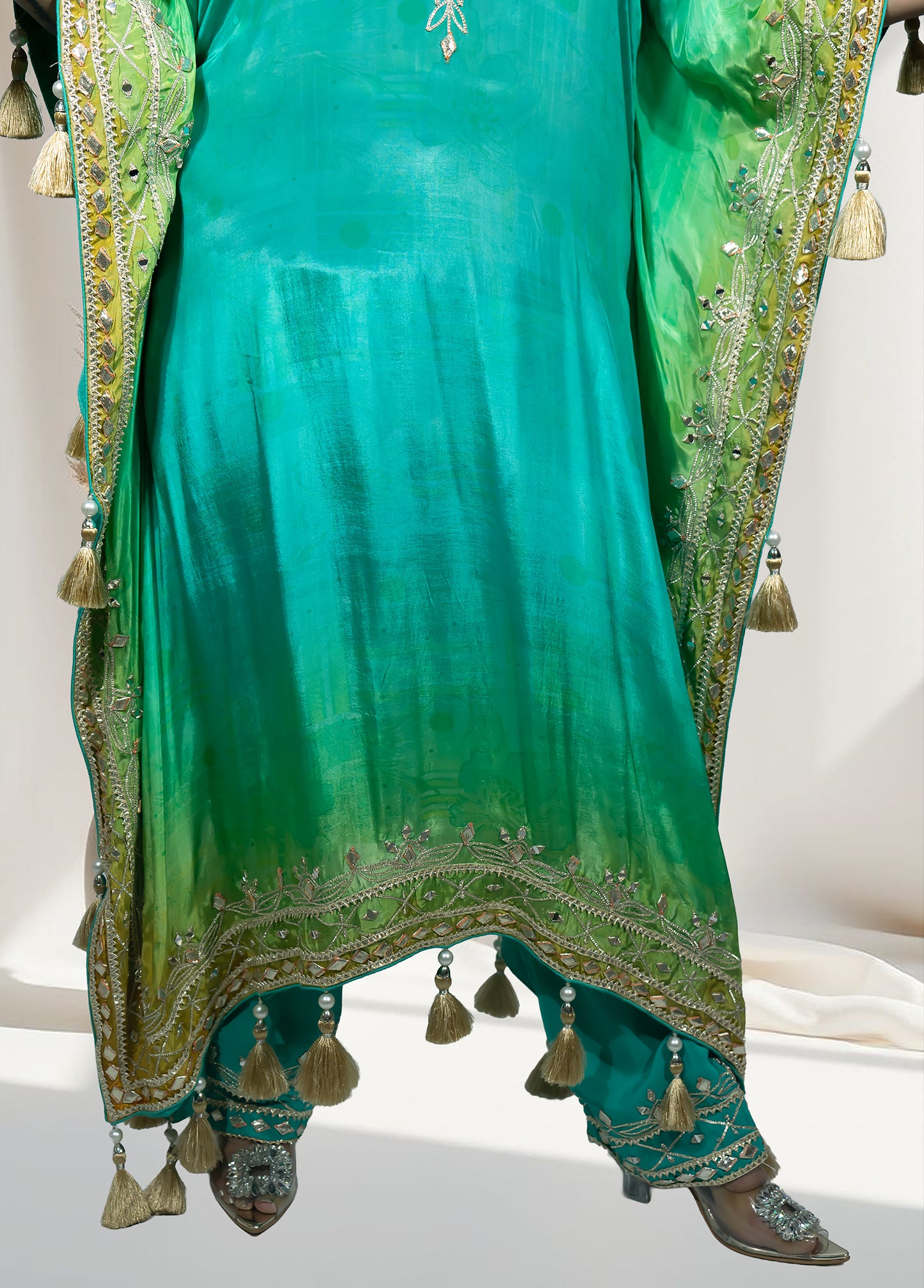 Green Crape Kaftan with Pants | Mirror, Gotta & Patti Work | Sizes M–XL - Bebo N Lolo