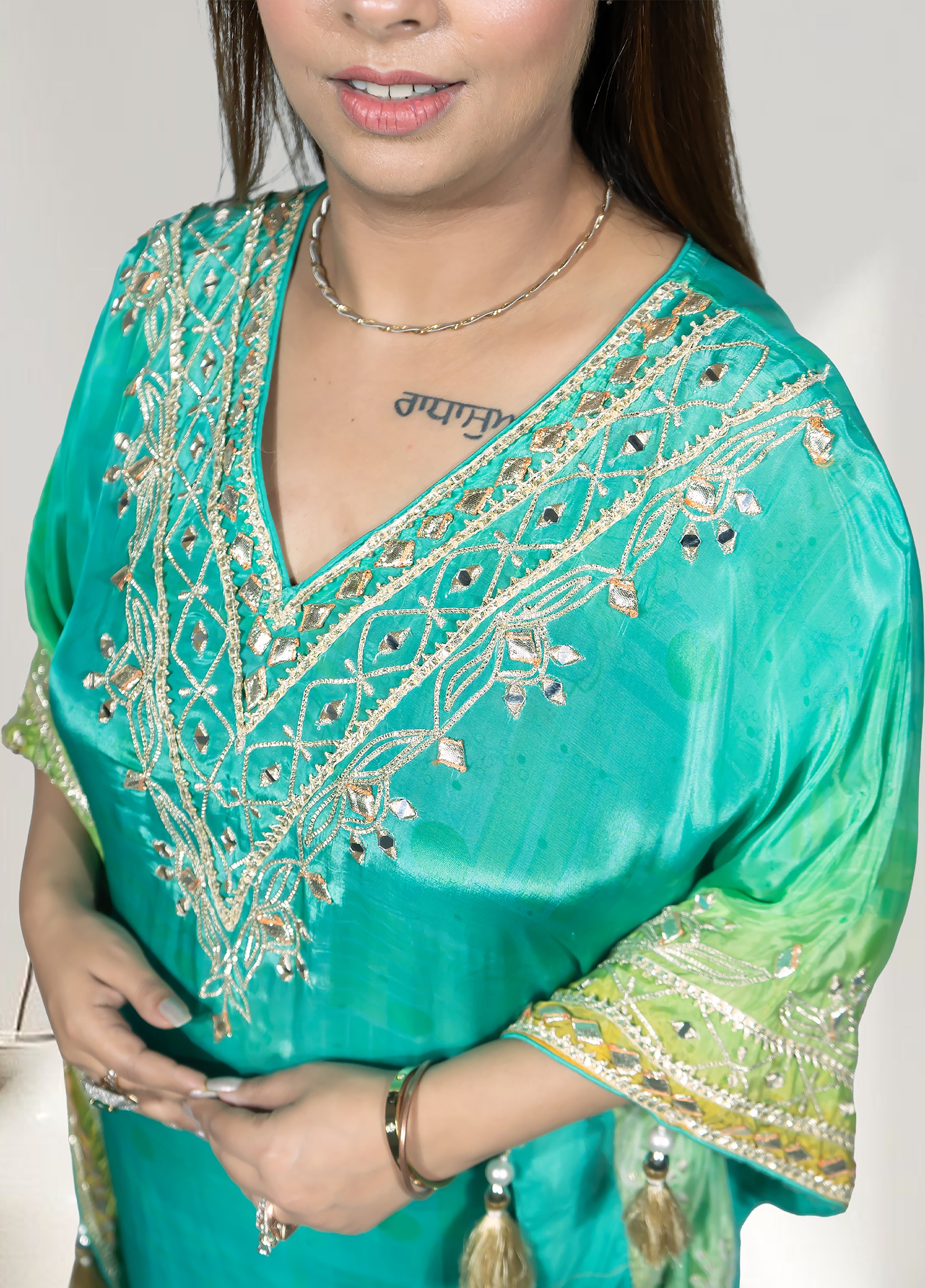 Green Crape Kaftan with Pants | Mirror, Gotta & Patti Work | Sizes M–XL - Bebo N Lolo