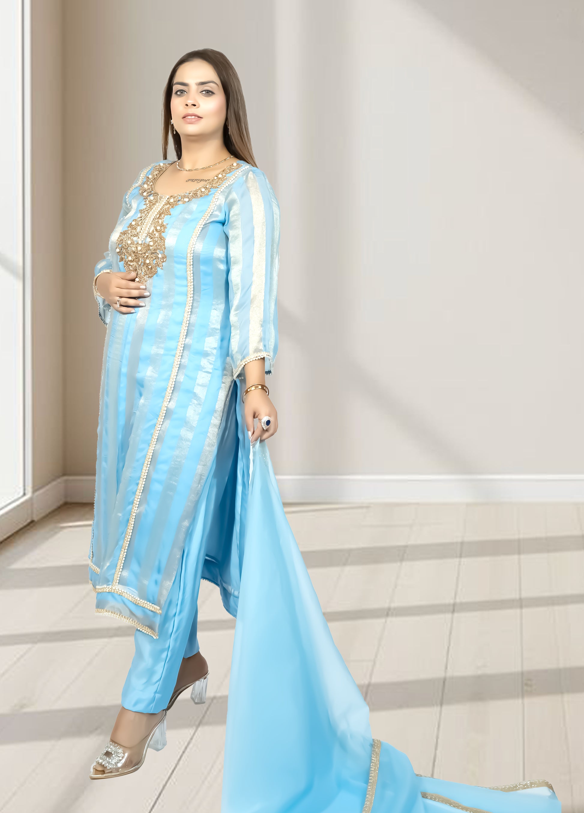 Silk Organza Suit with Santoon Pant & Dupatta | Dabka, Pearl & Lace Work | Green, Lavender & Sky Blue | Sizes M–XL - Bebo N Lolo