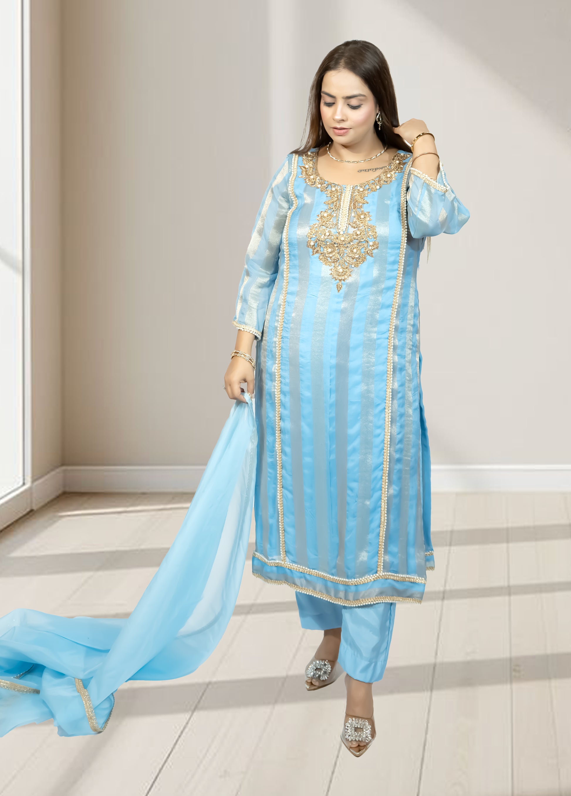 Silk Organza Suit with Santoon Pant & Dupatta | Dabka, Pearl & Lace Work | Green, Lavender & Sky Blue | Sizes M–XL - Bebo N Lolo