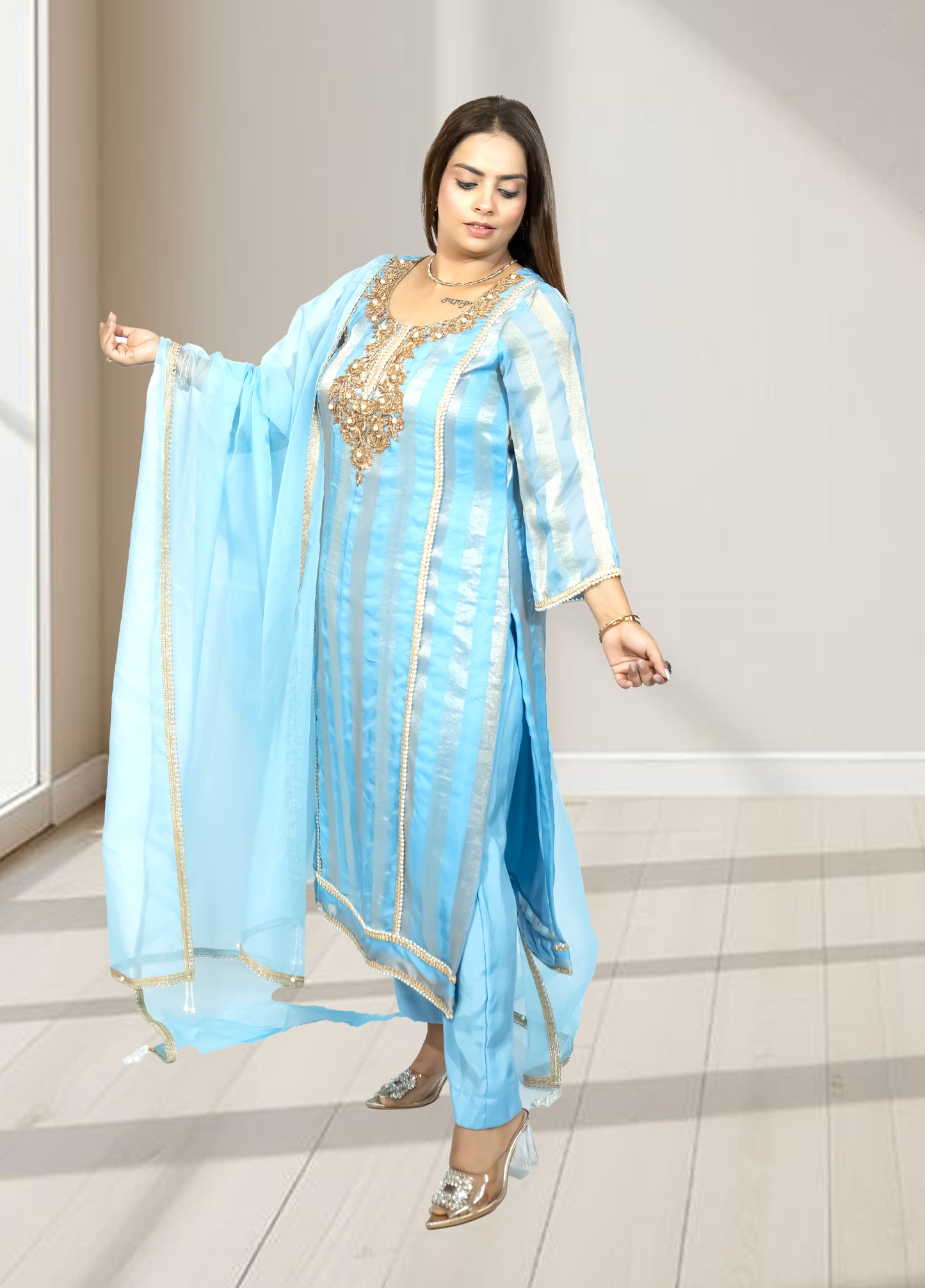 Silk Organza Suit with Santoon Pant & Dupatta | Dabka, Pearl & Lace Work | Green, Lavender & Sky Blue | Sizes M–XL - Bebo N Lolo