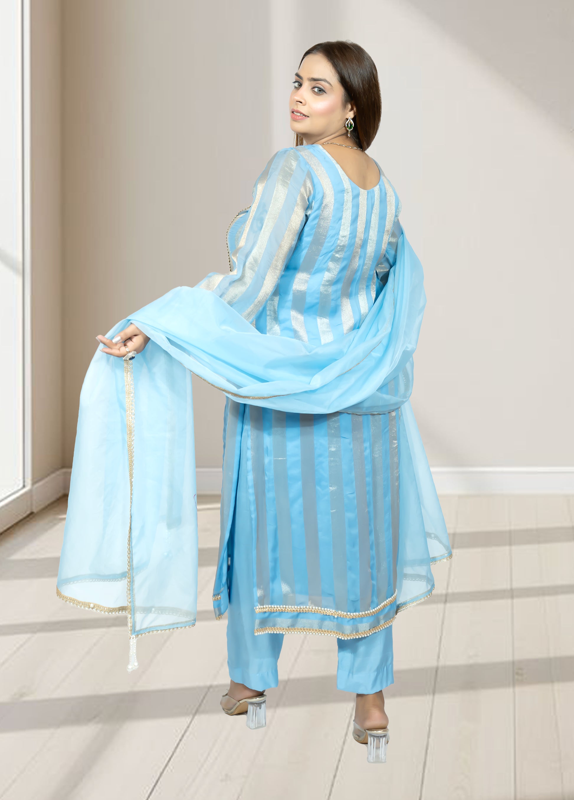 Silk Organza Suit with Santoon Pant & Dupatta | Dabka, Pearl & Lace Work | Green, Lavender & Sky Blue | Sizes M–XL - Bebo N Lolo