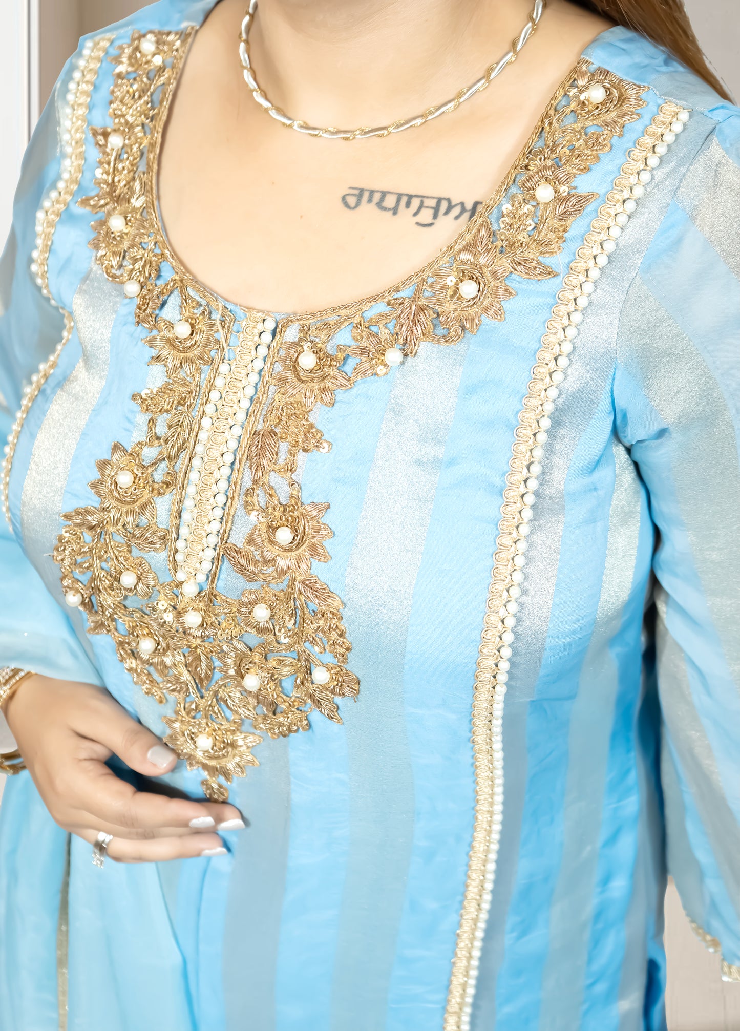 Silk Organza Suit with Santoon Pant & Dupatta | Dabka, Pearl & Lace Work | Green, Lavender & Sky Blue | Sizes M–XL - Bebo N Lolo