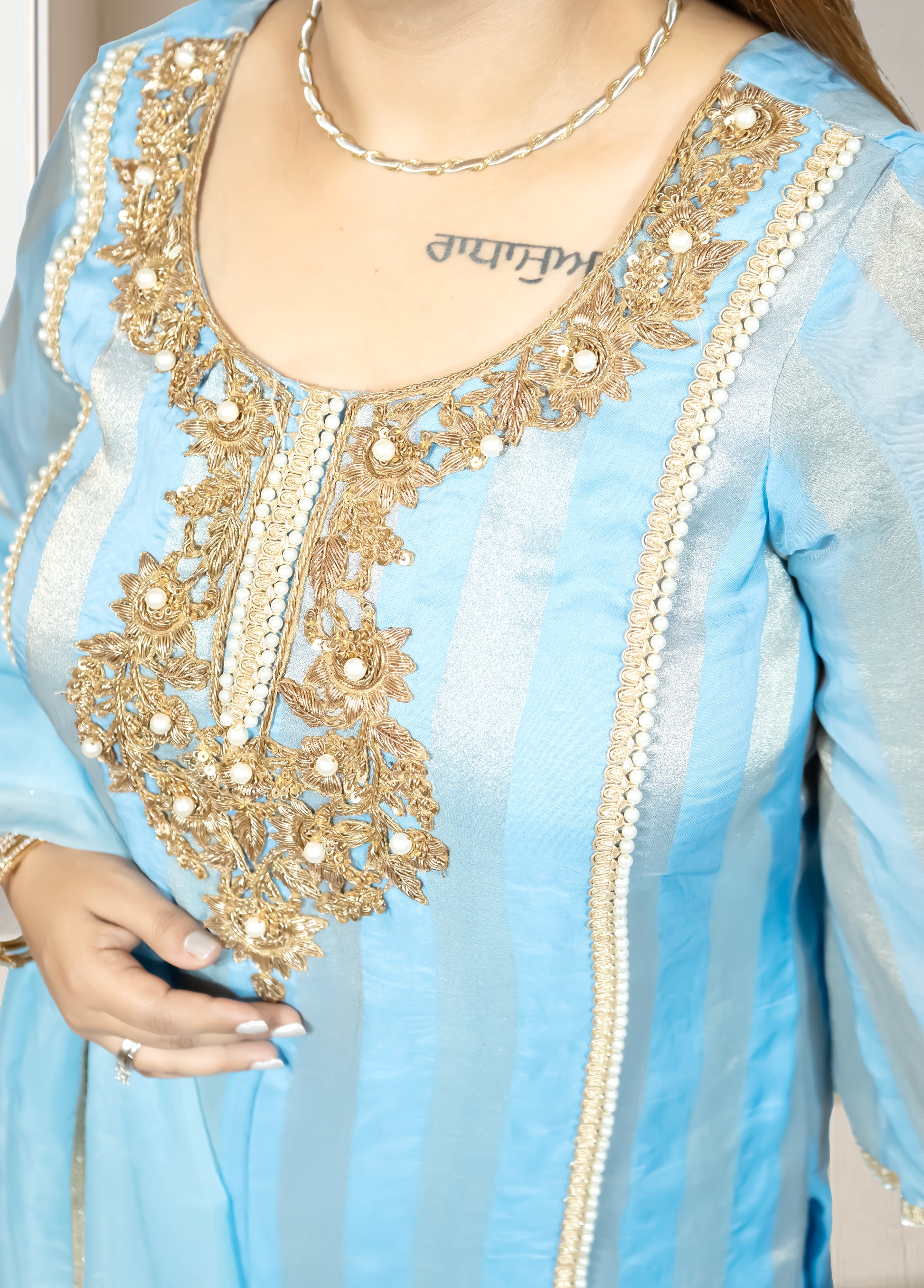 Silk Organza Suit with Santoon Pant & Dupatta | Dabka, Pearl & Lace Work | Green, Lavender & Sky Blue | Sizes M–XL - Bebo N Lolo