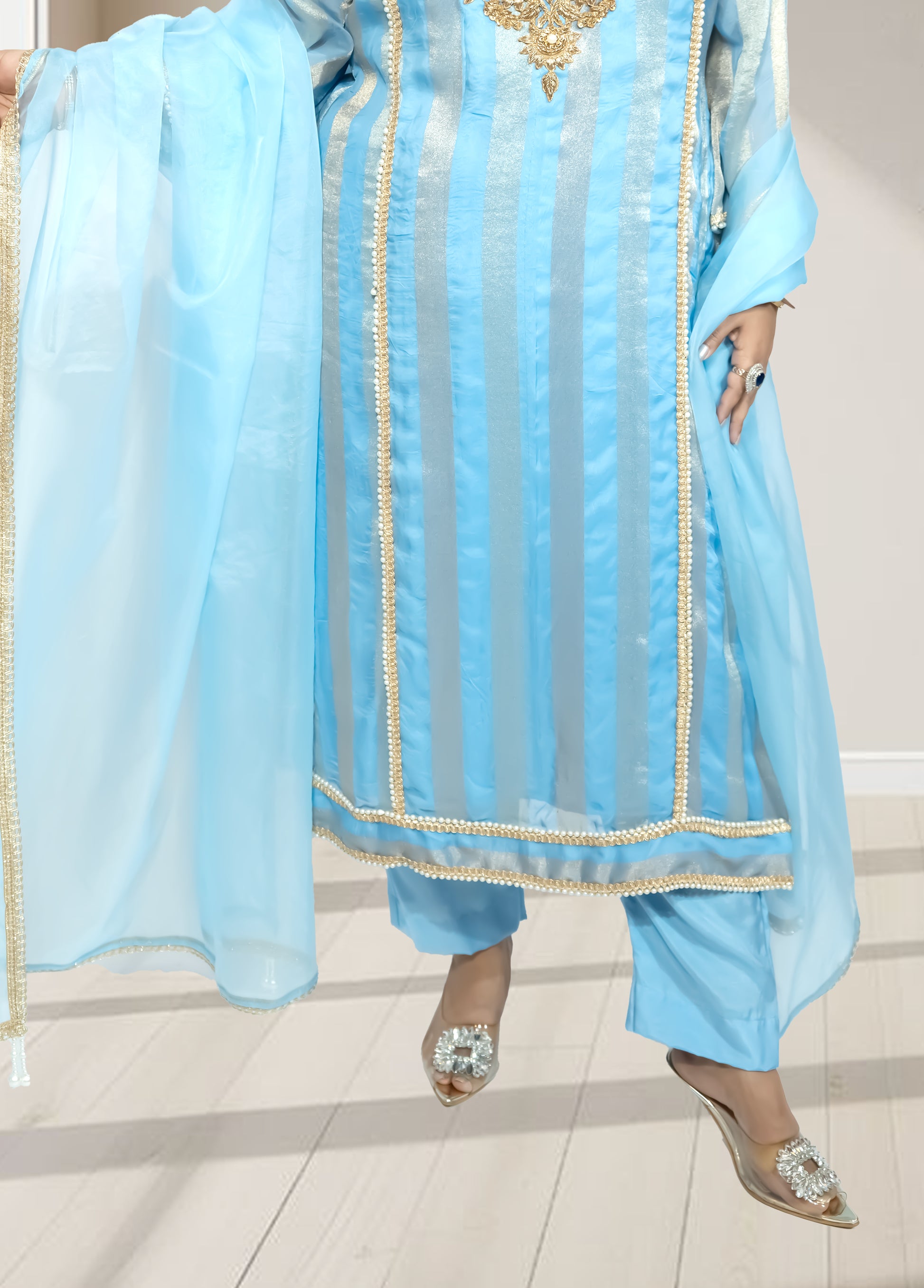 Silk Organza Suit with Santoon Pant & Dupatta | Dabka, Pearl & Lace Work | Green, Lavender & Sky Blue | Sizes M–XL - Bebo N Lolo