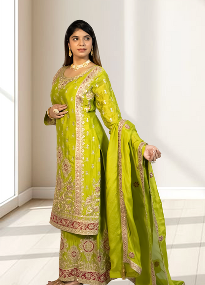 Woman wearing a green embroidered traditional outfit in a bright room.