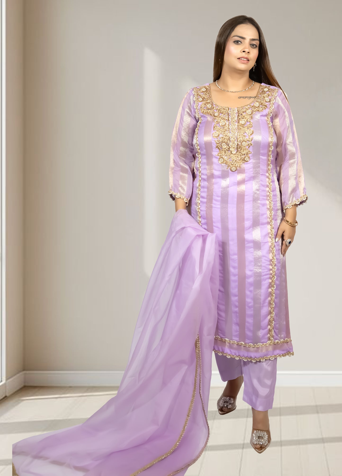 Silk Organza Suit with Santoon Pant & Dupatta | Dabka, Pearl & Lace Work | Green, Lavender & Sky Blue | Sizes M–XL - Bebo N Lolo