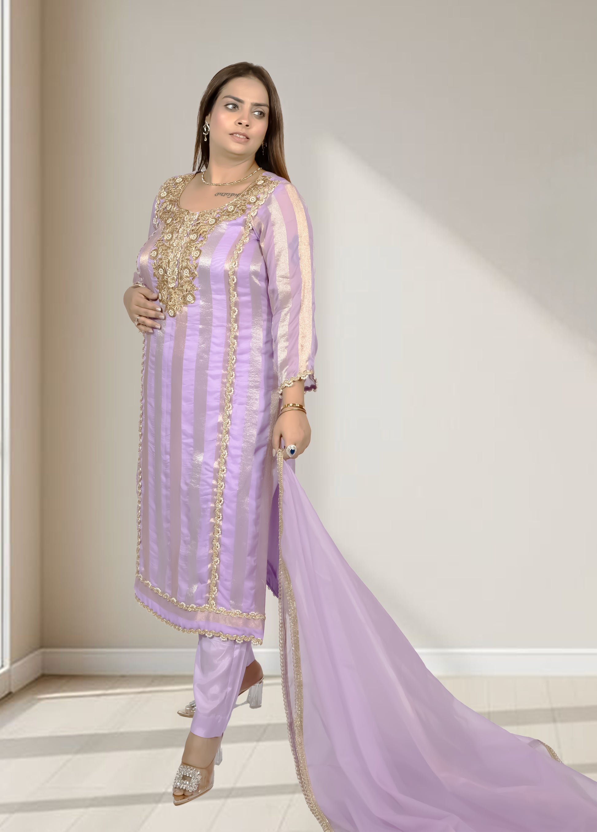 Silk Organza Suit with Santoon Pant & Dupatta | Dabka, Pearl & Lace Work | Green, Lavender & Sky Blue | Sizes M–XL - Bebo N Lolo
