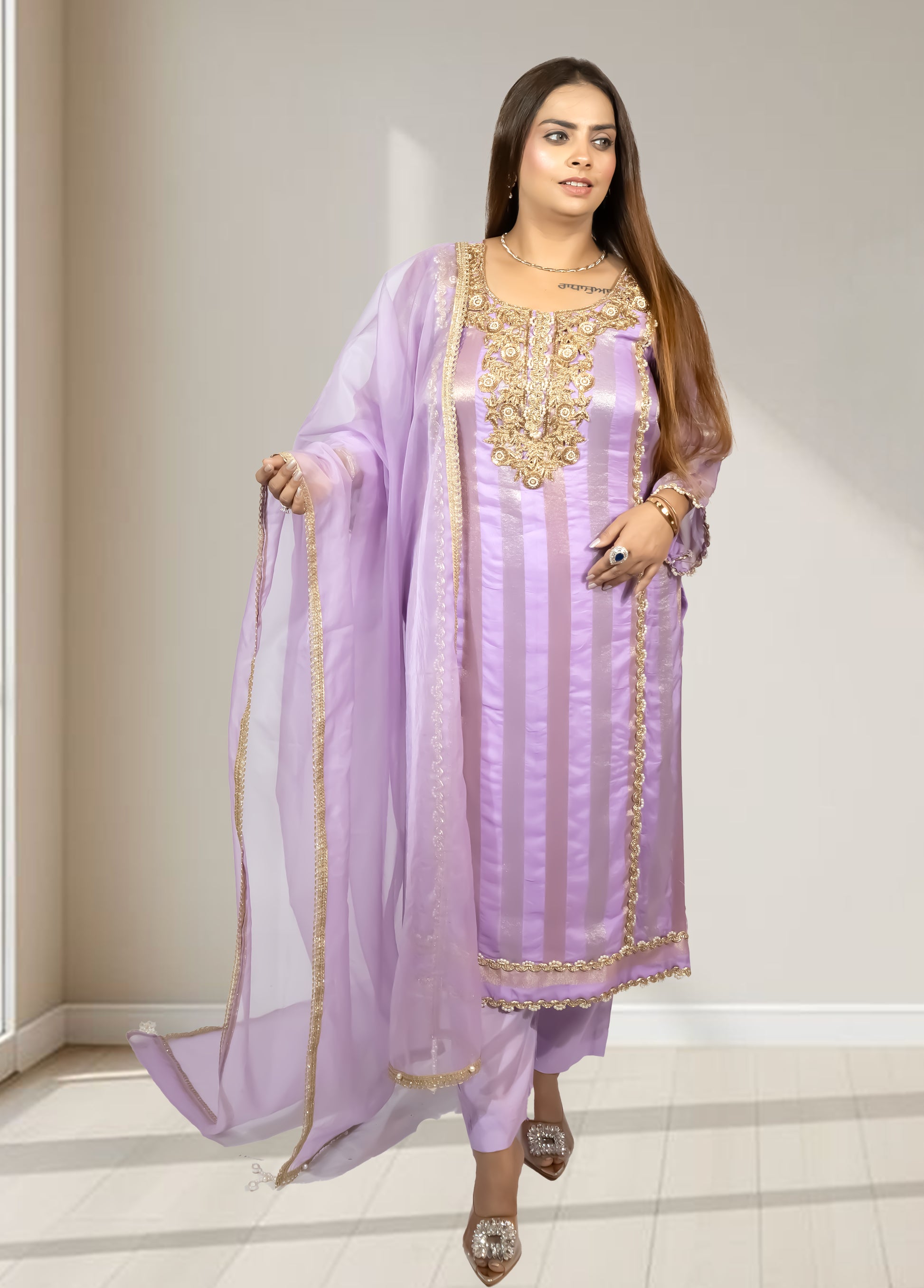 Silk Organza Suit with Santoon Pant & Dupatta | Dabka, Pearl & Lace Work | Green, Lavender & Sky Blue | Sizes M–XL - Bebo N Lolo