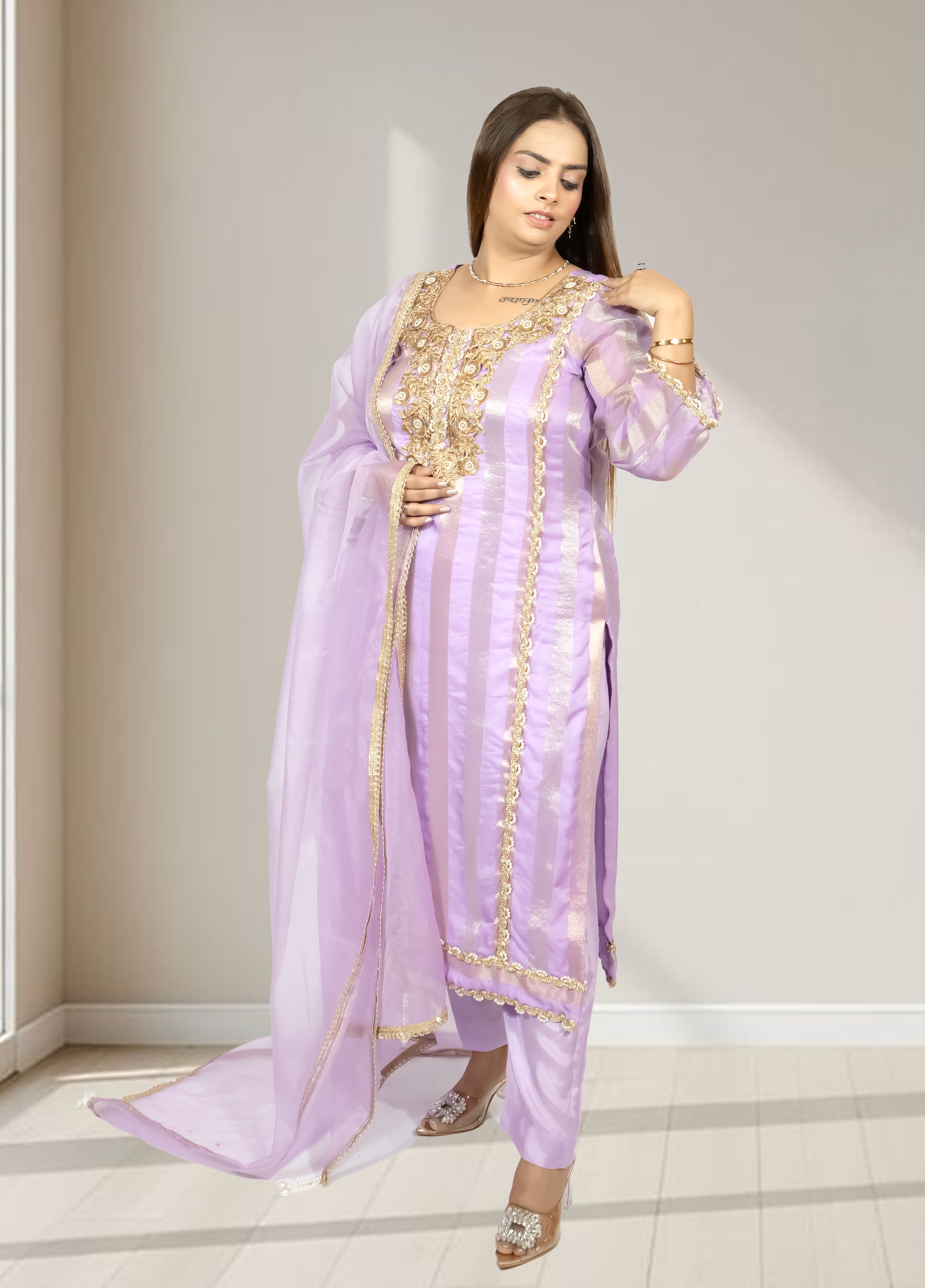 Silk Organza Suit with Santoon Pant & Dupatta | Dabka, Pearl & Lace Work | Green, Lavender & Sky Blue | Sizes M–XL - Bebo N Lolo