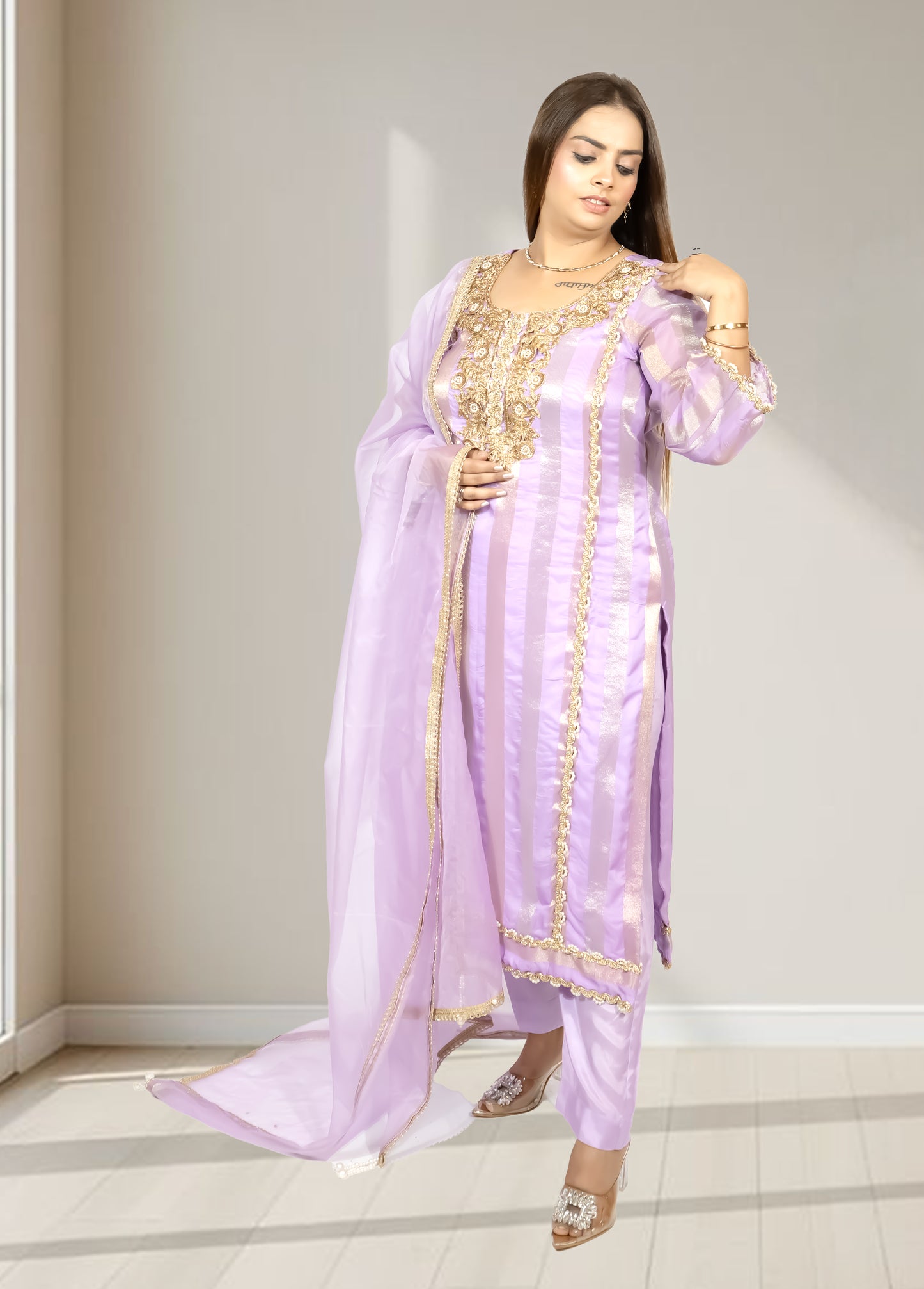 Silk Organza Suit with Santoon Pant & Dupatta | Dabka, Pearl & Lace Work | Green, Lavender & Sky Blue | Sizes M–XL - Bebo N Lolo