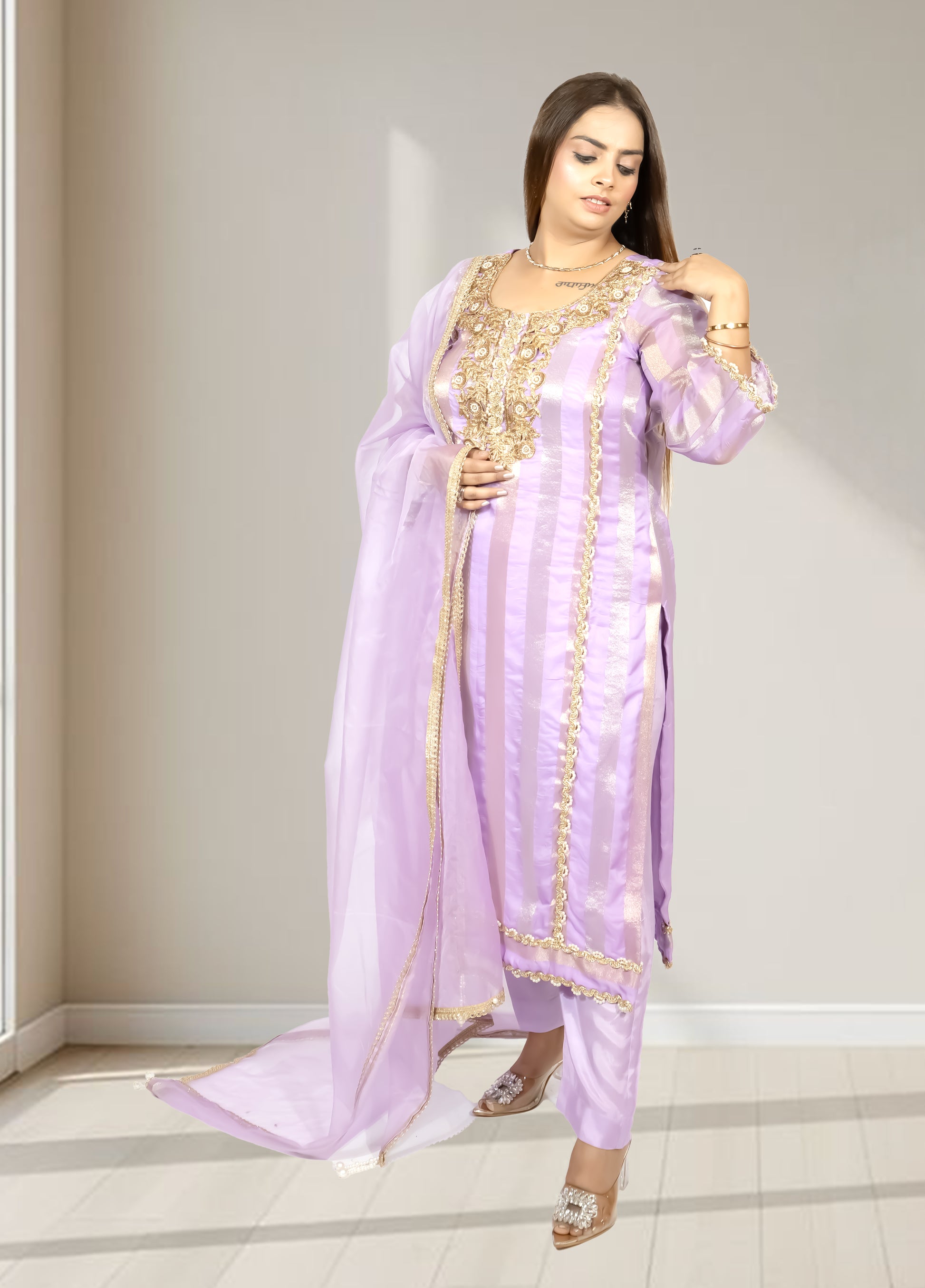 Silk Organza Suit with Santoon Pant & Dupatta | Dabka, Pearl & Lace Work | Green, Lavender & Sky Blue | Sizes M–XL - Bebo N Lolo