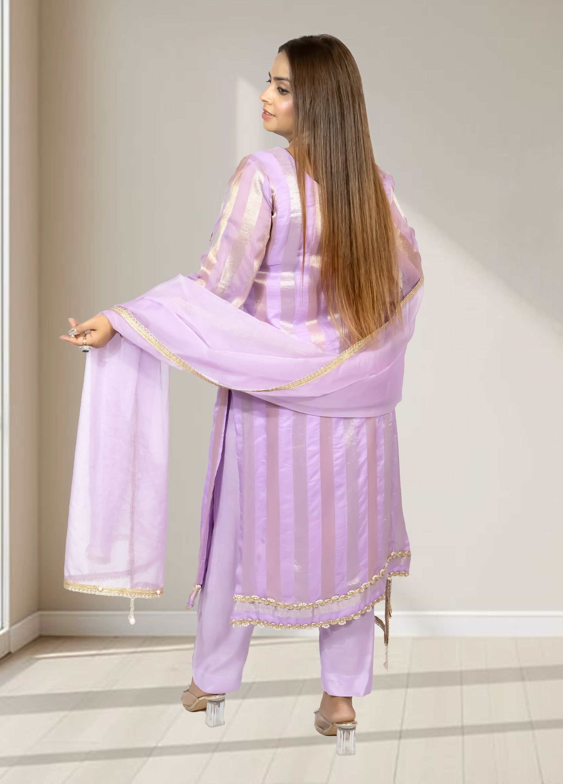 Silk Organza Suit with Santoon Pant & Dupatta | Dabka, Pearl & Lace Work | Green, Lavender & Sky Blue | Sizes M–XL - Bebo N Lolo