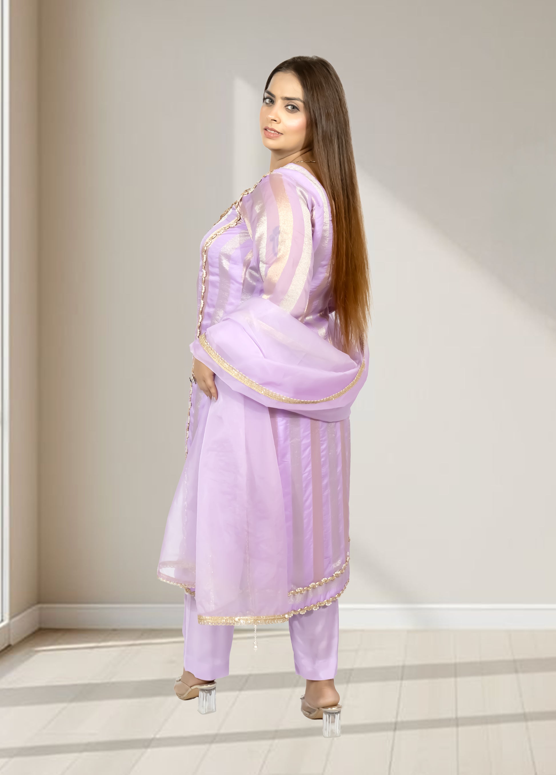 Silk Organza Suit with Santoon Pant & Dupatta | Dabka, Pearl & Lace Work | Green, Lavender & Sky Blue | Sizes M–XL - Bebo N Lolo