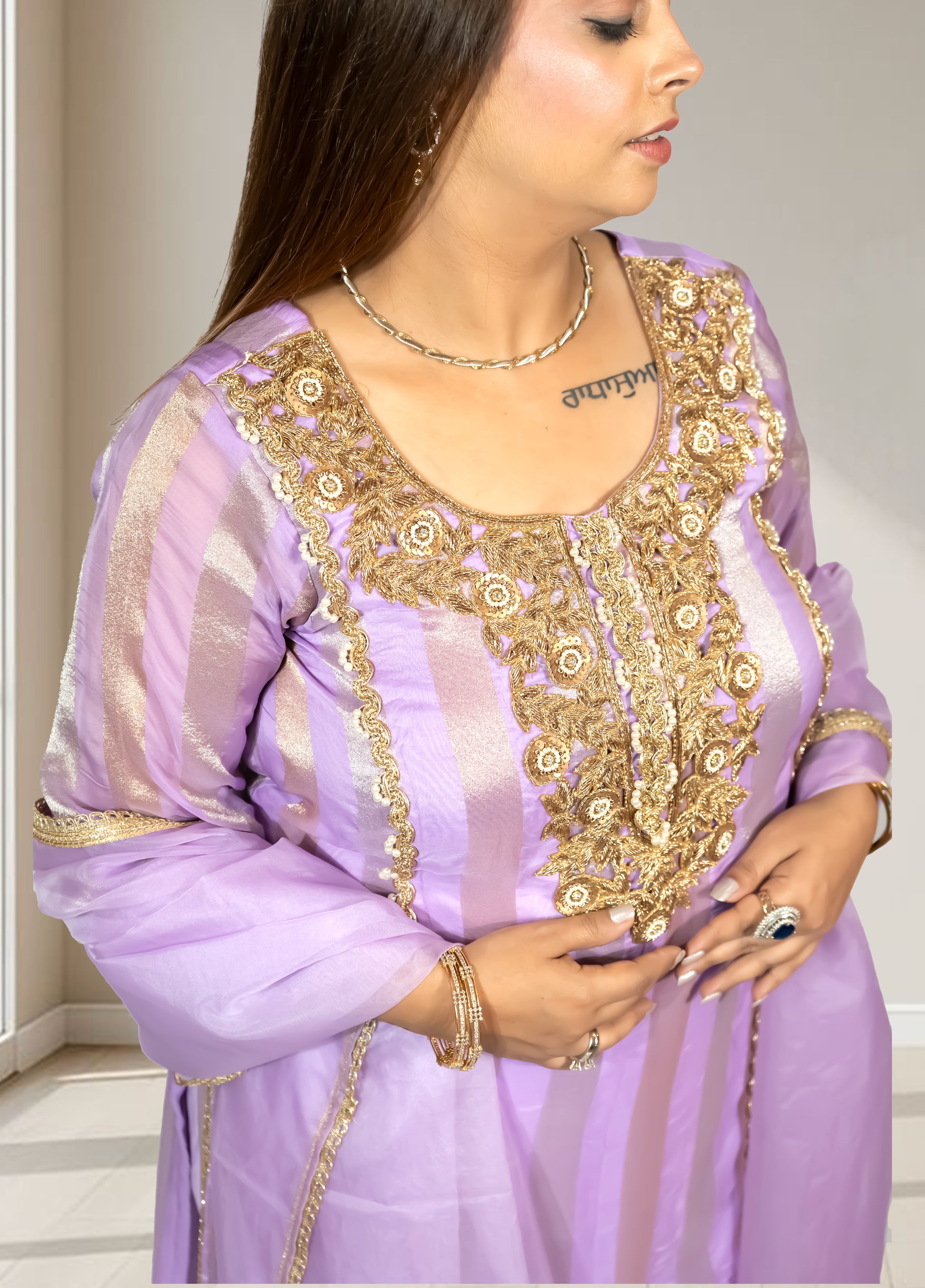 Silk Organza Suit with Santoon Pant & Dupatta | Dabka, Pearl & Lace Work | Green, Lavender & Sky Blue | Sizes M–XL - Bebo N Lolo