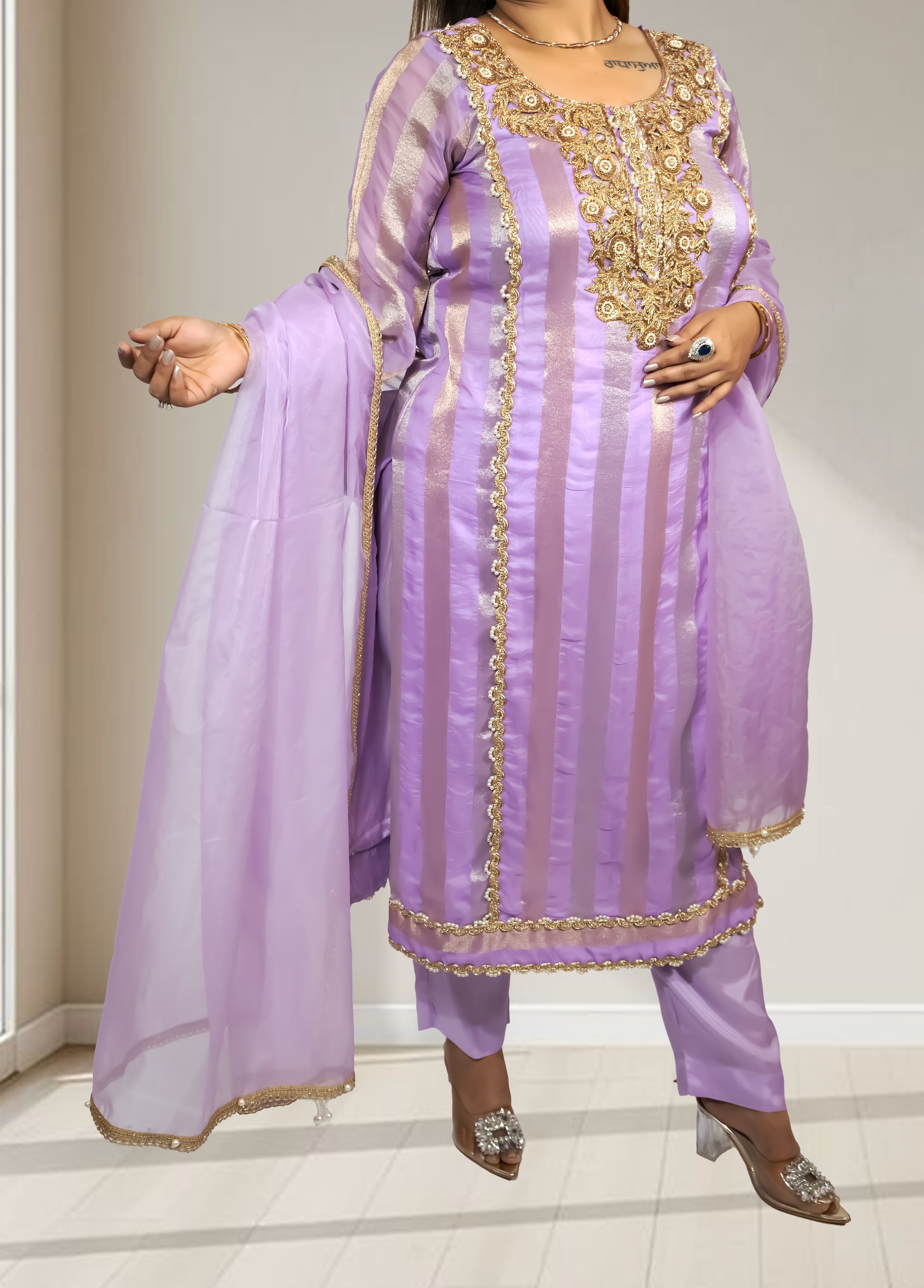 Silk Organza Suit with Santoon Pant & Dupatta | Dabka, Pearl & Lace Work | Green, Lavender & Sky Blue | Sizes M–XL - Bebo N Lolo