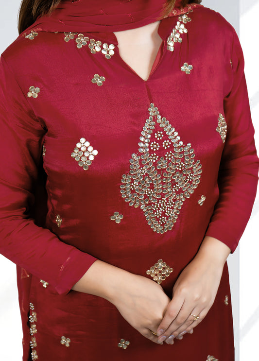 Red Chinnon Garara Suit with Shirt & Four-Side Bordered Dupatta | Gota & Dabka Work | Sizes M–XL - Bebo N Lolo
