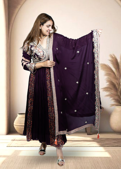 Wine Chinnon Anarkali with Pant & Four-Side Bordered Dupatta | Sequin & Dabka Work | Sizes M–XL - Bebo N Lolo