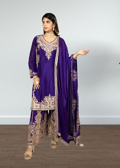 Purple Chinon Suit with Sharara & Dupatta | Jari & Handwork Embroidery | Sizes XL–XXL - Bebo N Lolo
