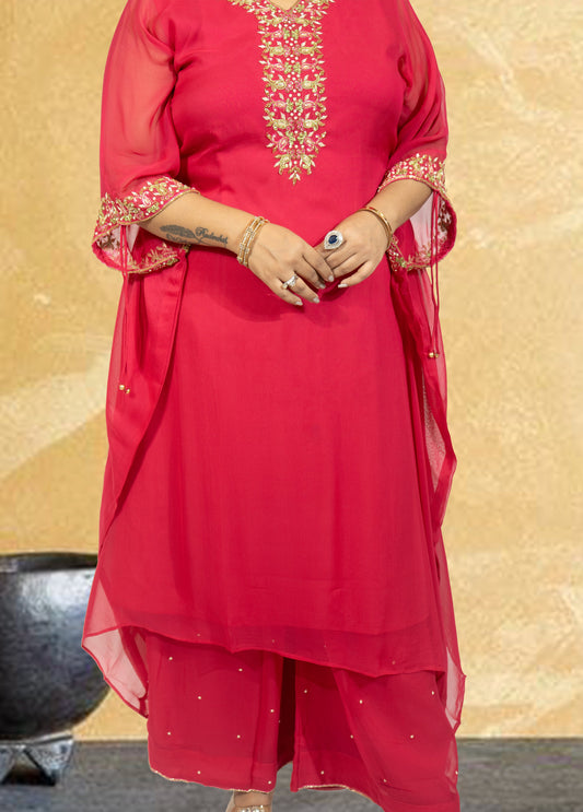 Hot Pink Crape Kaftan with Palazzo | Cut Dana & Sequence Embroidery | Sizes L–XXL - Bebo N Lolo