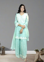 Mint Green Pure Shinon Short Anarkali with Sharara | Thread, Sequin & Hand Work | Sizes L–XXL - Bebo N Lolo