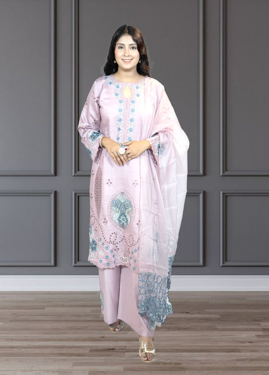 Baby Pink Slub Cotton Suit with Plazo | Embroidery, Cut Work & Pearl Detailing | Sizes M–XXL - Bebo N Lolo