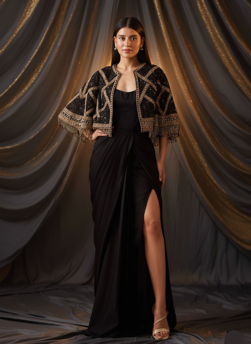 Woman in a black dress with an embellished jacket standing against draped fabric.