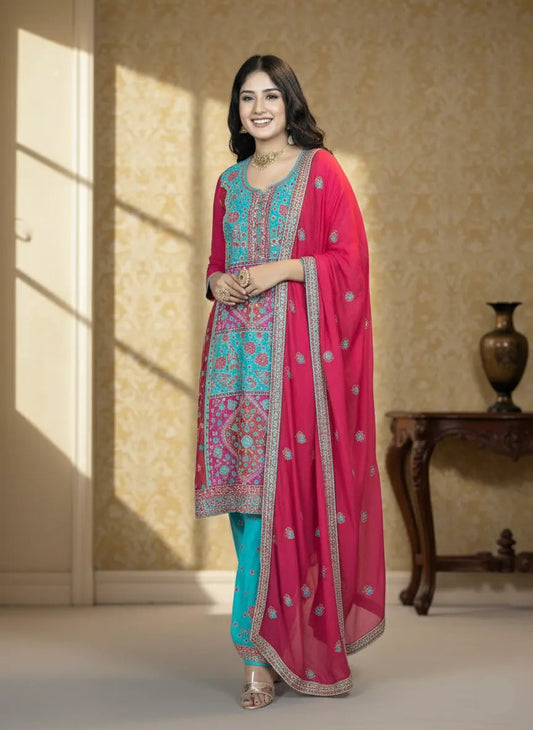 Woman wearing a pink and blue traditional outfit in a well-lit room.