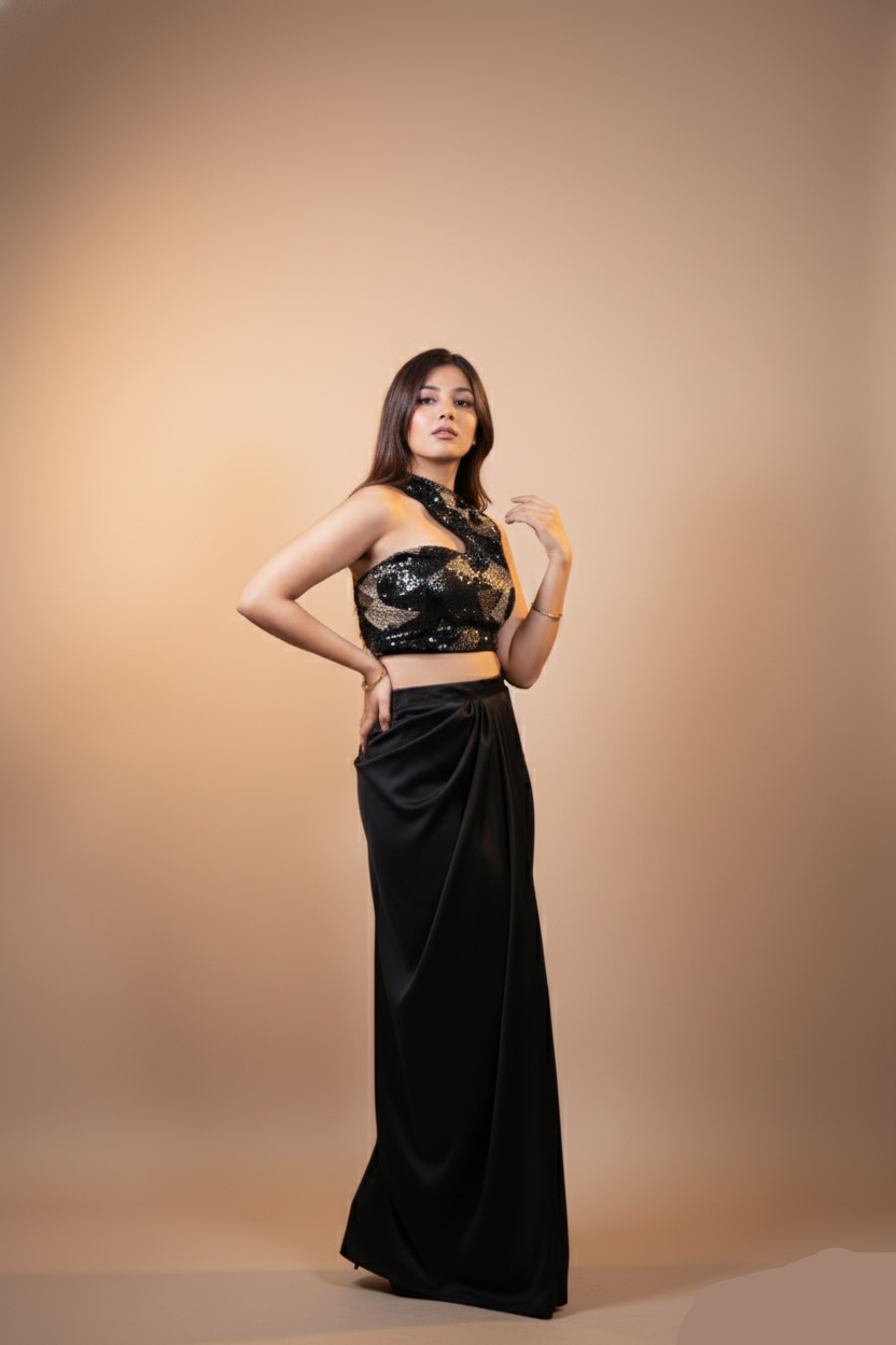 Woman wearing a black lace top and long black skirt against a beige background